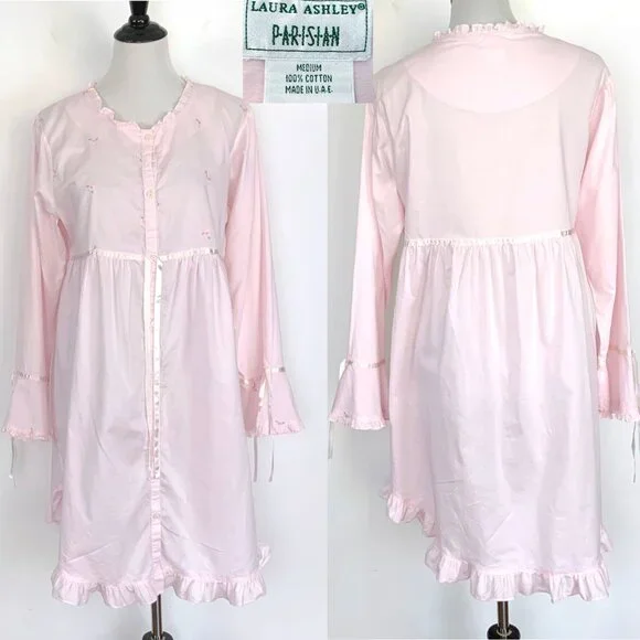 Vintage Laura Ashley Parisian Pink Cotton Nightgown Cottagecore Prairie Y2K Sz M - Picture 2 of 16